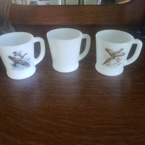 Set 3 Fire King Game Bird Rooster Pheasant Canada Goose Mug Cup Milk Glass Vtg
