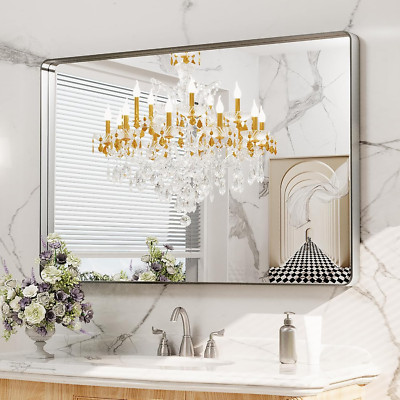 48X32 Inch Brushed Nickel Bathroom Mirror, Rounded Rectangle Silver Metal Frame