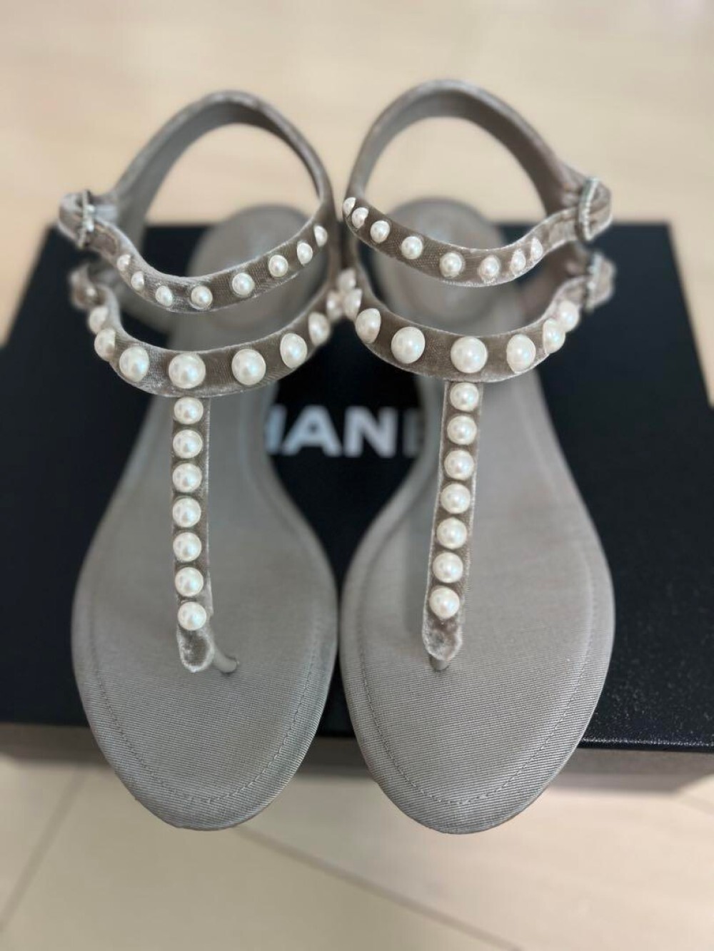Chanel Pearl Velvet Gray Flat Strap Sandals Size 36.5 US 6.5 Women