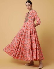 Indian Women pink cotton printed Anarkali flared Kurta Kurti beautiful Dress