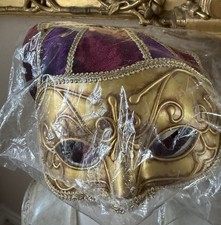 Mask Gold Brocade Purple Bells Venetian Jester Masquerade Half Face Halloween