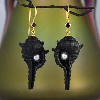 Carved Horn Murex Sea Snail Earrings Spinel Gold Vermeil Sterling Silver 5.74g