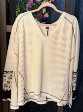 We The Free Waffle Knit Long Sleeve Boxy Pullover-Leopard Print Sleeves-XS