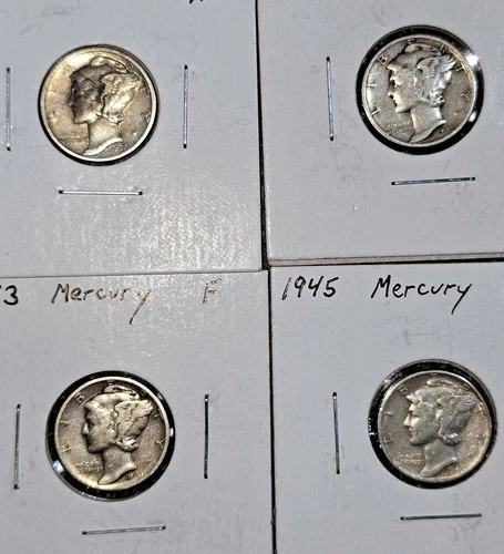 1937-S XF (4) Mercury 10C Silver Dime Coin Lot, 2 1943, 1945, 25C Combine Ship