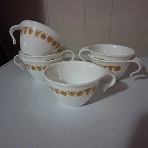 6 Corelle Butterfly Gold Flat Cups with Hook Handle Discontinued Vintage