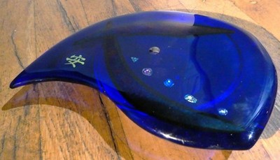 Asian Inspired Cobalt Blue & Iridescent Design Art Glass Flower Frog W/Bowl