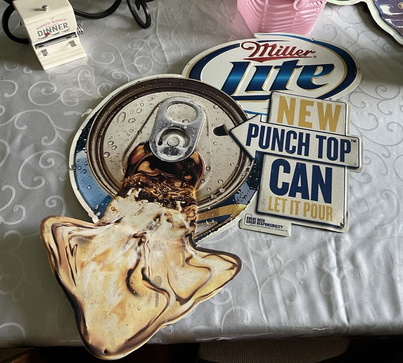 Miller Lite Breweriana Metal Sign "New Punch Top Can" "Let It Pour"