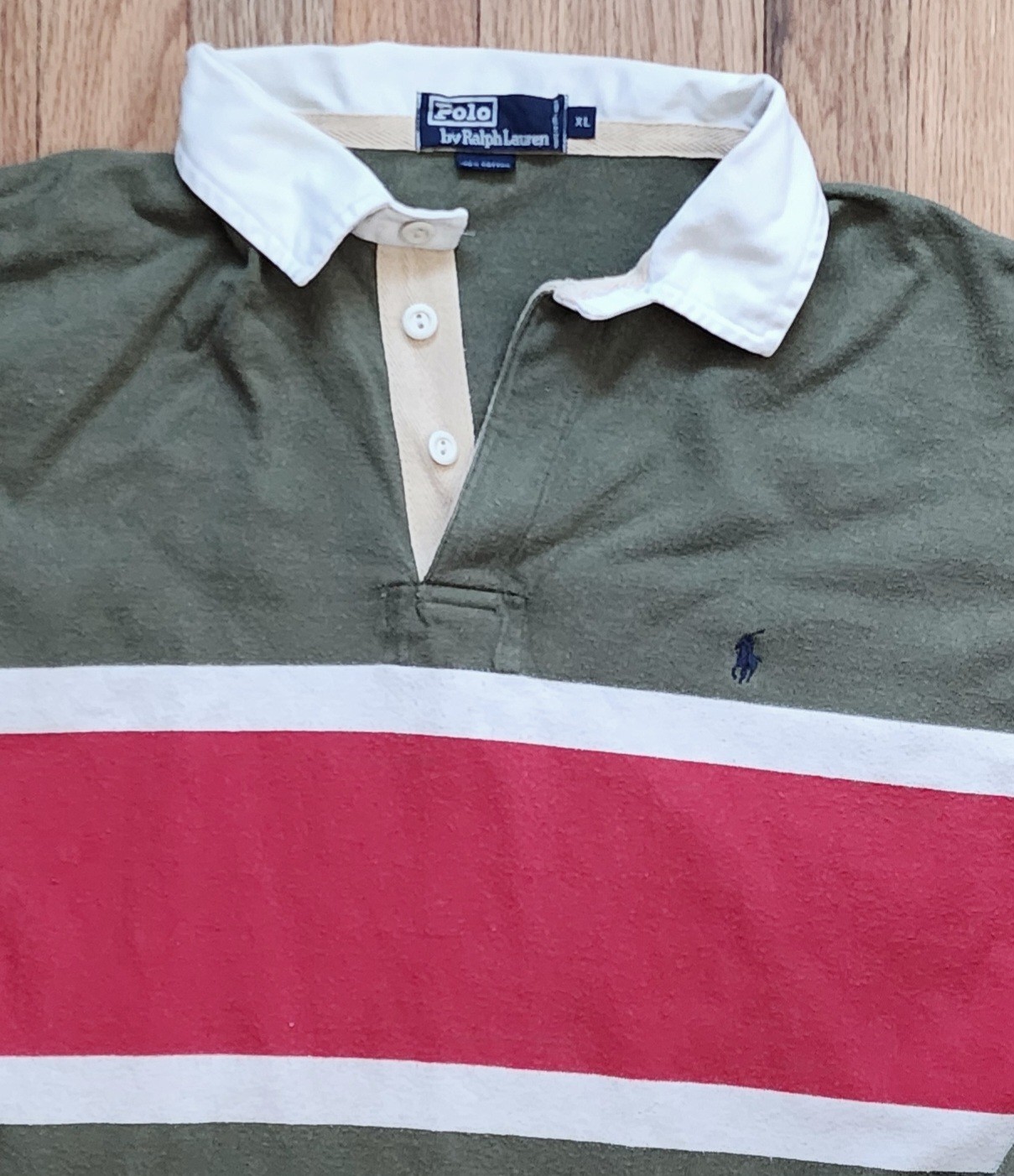 Vintage 90s Polo Ralph Lauren Striped Rugby Shirt Green Red  XL Pony Logo Cotton