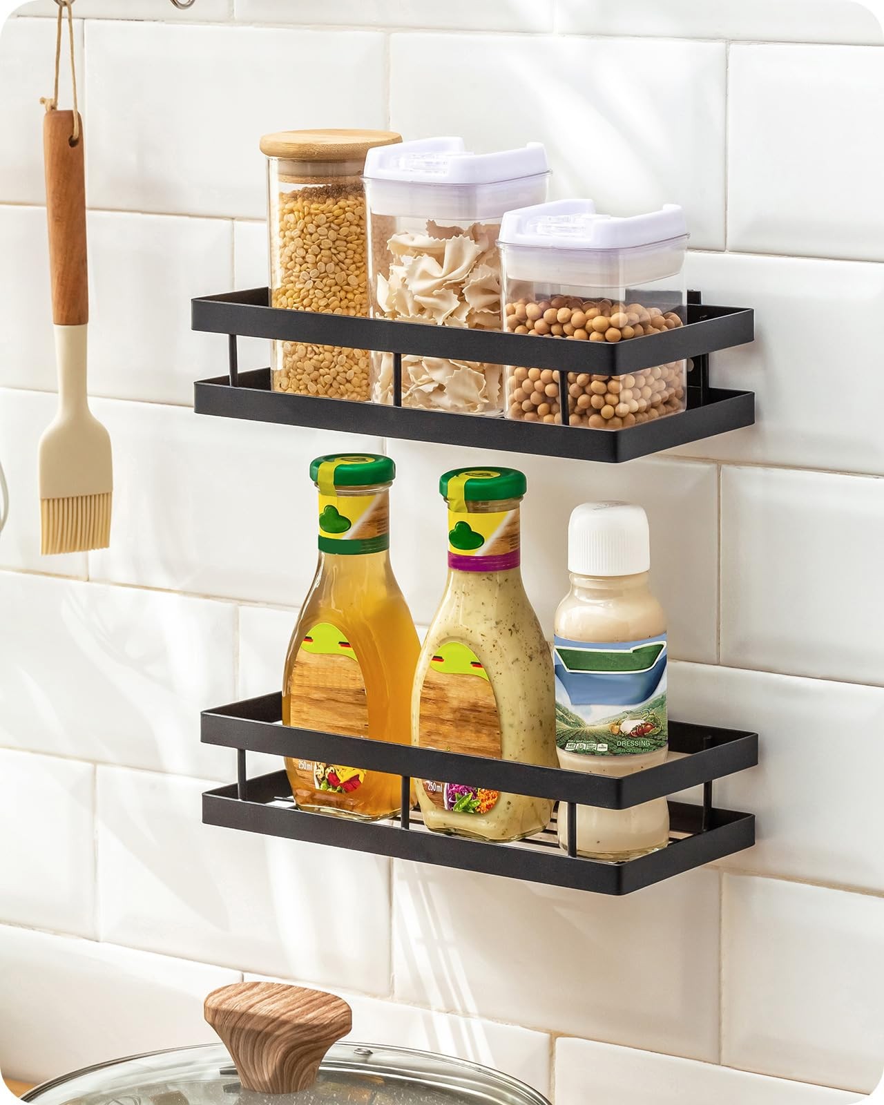 Metal Spice Rack Wall Mount 2-Pack Black Floating Shelves Storage Organizer