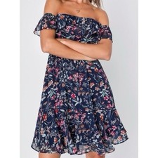 Lulus Blue Floral Off the Shoulder Mini Dress Small Romantic Dainty Feminine