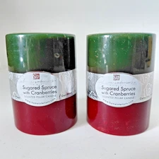 NIB Home Interiors and Gifts VTG 2 Pillar Candles 4" Sugared Spruce w/ Cranberry