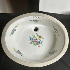 VTG Oval Bathroom Sink Washbasin Porcelain White Color Flowers Roses 21.5x18”