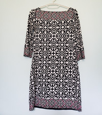 White House Black Market Womens S Dress Square Neck 3/4 Sleeve Boho Black Red