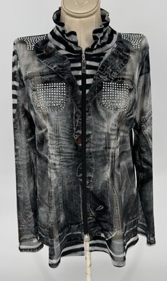 Damee Inc M Sheer Wired Collar Artsy Lagenlook Full Zip Studded Printed Jacket
