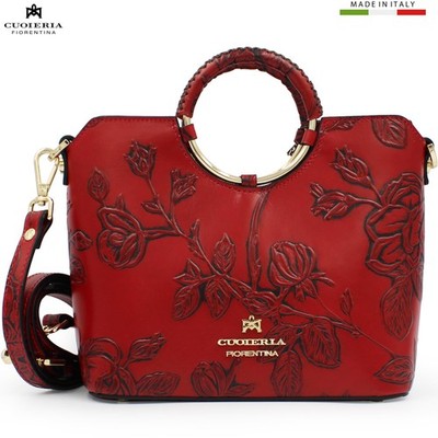 Cuoieria Fiorentina Italian Tuscan red leather Small Tote bag floral pattern