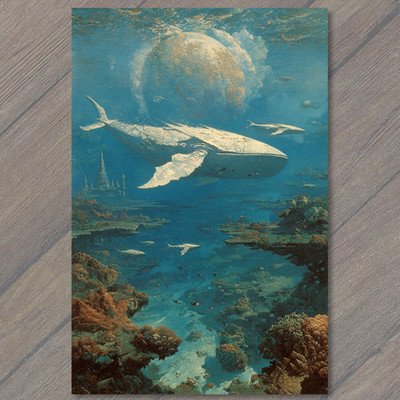 POSTCARD Whale Splashing Sea Sunset Dreamy Boats Clouds Colorful Sky View