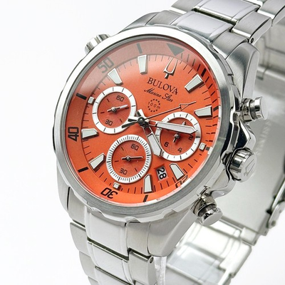 #ad Bulova Men#x27;s Marine Star Chronograph Quartz Orange Dial Stainless Watch 96B395 $156.26