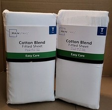Set of 2 Mainstays Twin Size Solid Soothing-White CVC Cotton Blend Fitted
