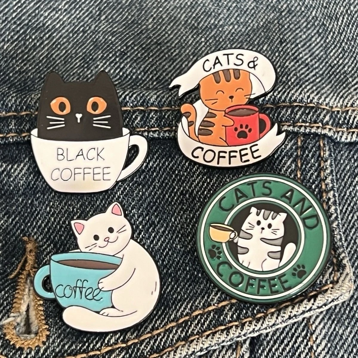 4Pcs Cute Enamel Cat Coffee Lover Pet Animal Pins Kitten Paw Accessories Brooch