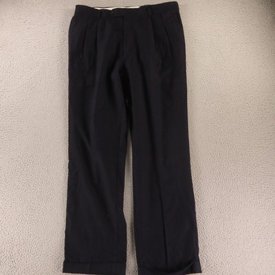 Nautica Pants Mens 36x32 Navy Blue 100% Wool Twill Pleated Cuffed Trousers