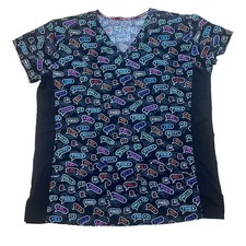 Divine Stretch Scrub Top L Large Black Text Message Print V-Neck 3 Pockets