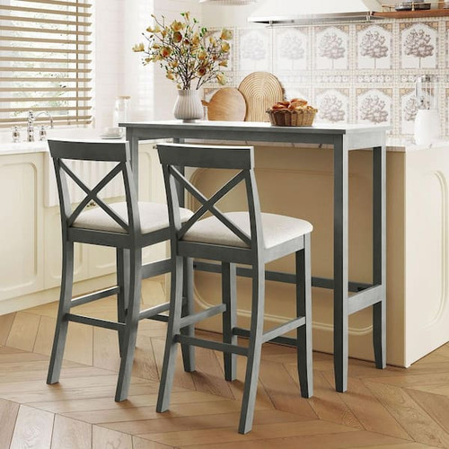 Farmhouse 3-Piece Gray Wood Top Bar Table Set - Picture 2 of 9