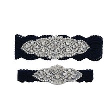 2-Piece Stretch Lace Bridal Wedding Garter Set for Bride with Rhinestones