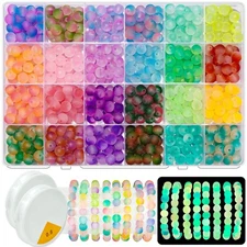 JHYlilia Glow in The Dark Glass Beads for Jewelry Making, 600Pcs 8MM 24 Grids