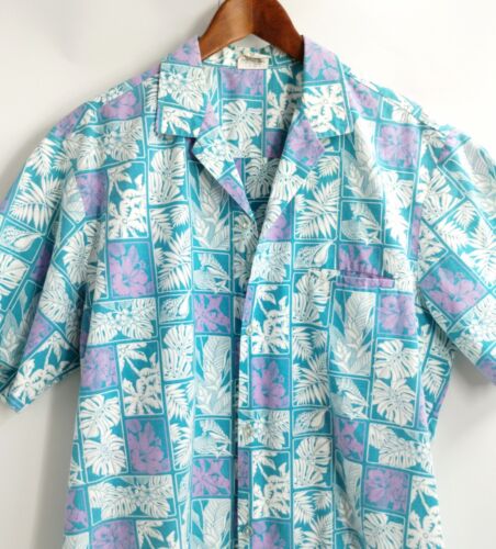 Royal Creations Hawaiian Shirt Large Blue Cotton Tropical Floral Block Print - Picture 2 of 10