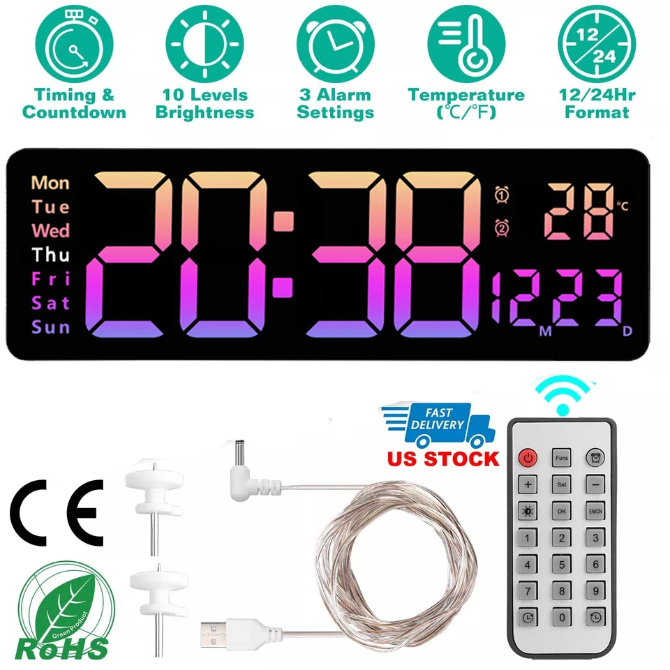 16" Large Digital Wall Clock with Remote, Large Display LED Wall Clock Timer USA - Image 4 of 4