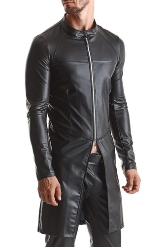 Mens Black Wetlook Midi Coat with Zipper - Picture 2 of 9