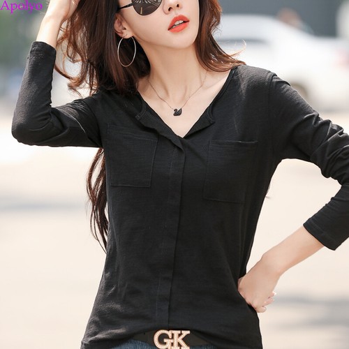 Damen Baumwolle Langarm Frühling Herbst V-Ausschnitt Taschen Freizeit T-Shirt Bluse Tops - Bild 4 von 11