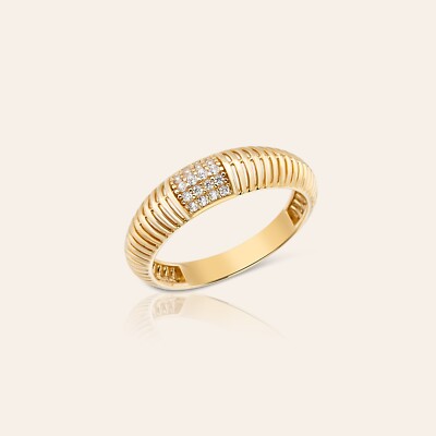 Line Pave Dome Ring in 14K Solid Gold, Chunky Statement Band for Women, Size 6