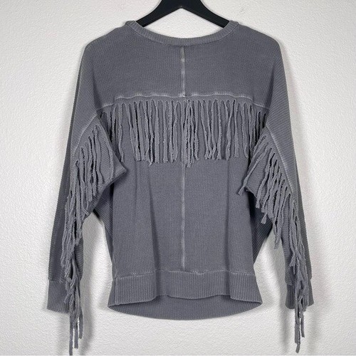 Sam & Lavi Size XS Fringe Western Waffle Knit Pullover in Gray
