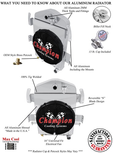 AL Champion 3 Row Radiator Chevy Config,16" Fan,Shroud for 1934 Chevrolet Master - Photo 3/9