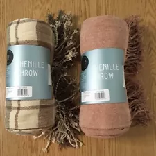 New 1 Chenille Throw Blanket Pick Between Plaid Tan or Light Brown Khaki Tan