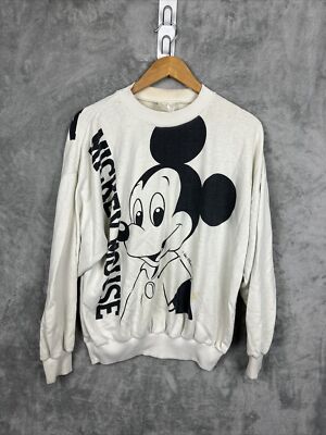 Mickey Mouse Disney Vintage White And Black Graphic Crewneck Sweater Sz Large