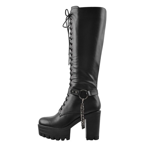 Women Knee High Boots Chunky High Heel Platform Buckle Chain Strap Lace Up Boots - Picture 1 of 24