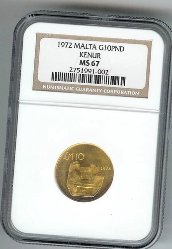 1972  MALTA  10 POUNDS  STONE CHARCOAL STOVE  GOLD COIN NGC MS 67