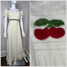 Vtg 1970s Cream Lace Puff Sleeve Cottagecore Maxi Dress Cherry Appliqu s Jo Jr
