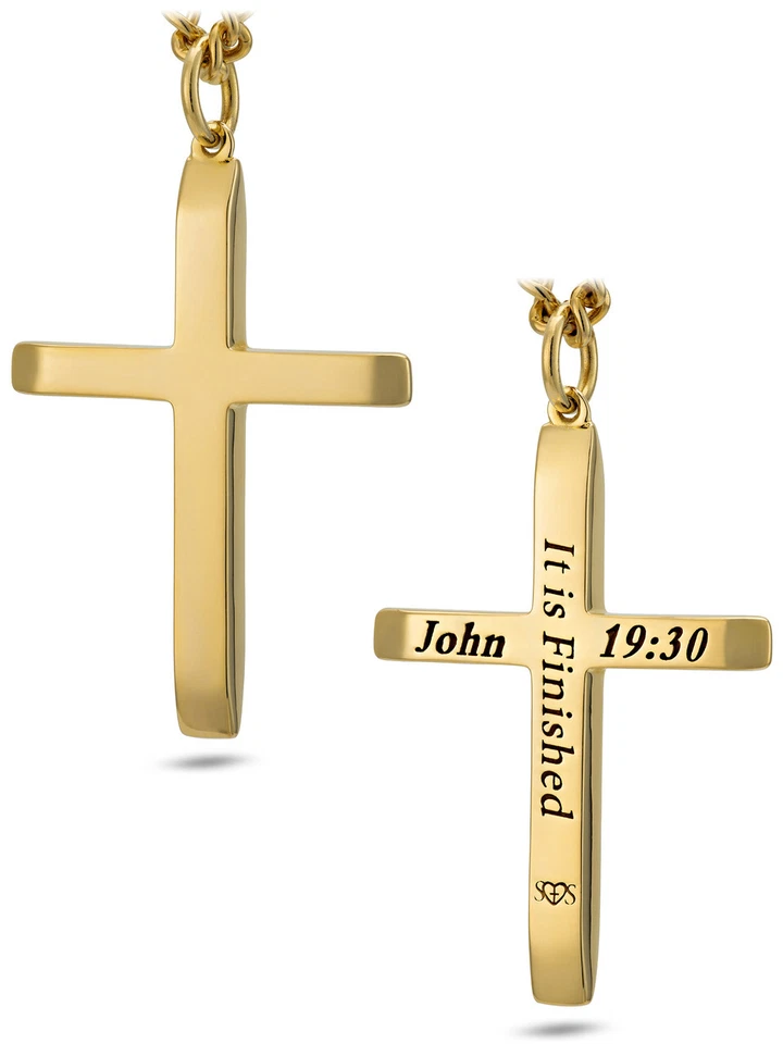 Men's Stainless Steel Tapered Cross Necklace-John 19:30 Shields of Strength - Image 2 of 4