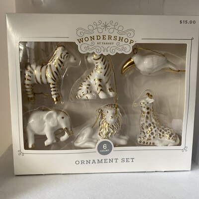 NEW 2024 White Gold Jungle Animal Ceramic Christmas Ornament 6 Pc Set Wondershop