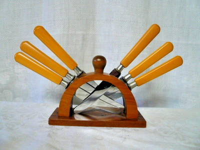 Holmberg Rostfritt Imp. Art Deco Butterscotch Bakelite Fruit Knife Set w/ Stand
