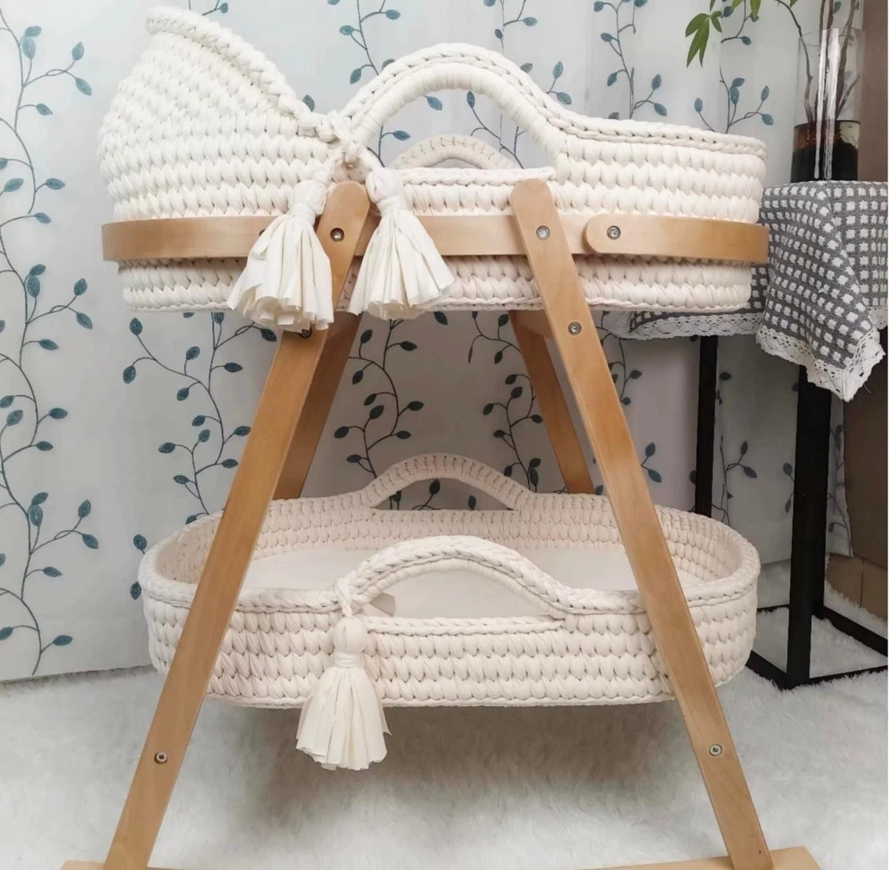 Crochet Moses Basket Changing Mat & Wooden Stand Handmade 4 Week PreOrder