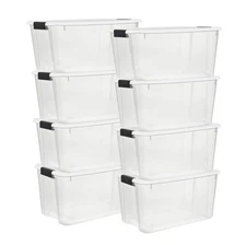 Sterilite 70 Qt Clear Plastic Stackable Storage Bin w/ White Latch Lid - 8 Pack
