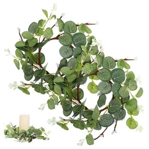 2Pcs Decorative Candle Wreaths - Mini Eucalyptus Candle Rings for Easter,