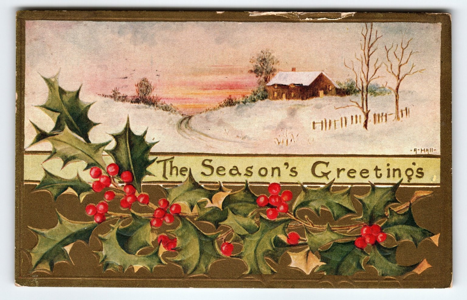 1911 Vintage Christmas Postcard Winter Scene & Holly The Season's Greetings