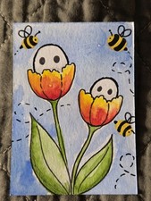 ACEO Original Art Cute Tulip Ghost Bumblebee Spring Kawaii ThisGingerCreates