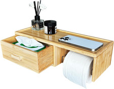 Bamboo Toilet Paper Holder with Shelf,Wall Mount Bathroom Holder with Wet Wipes