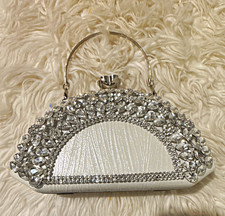White  Silver Beaded Clutch Bag with Handle, Bridal Evening Purse